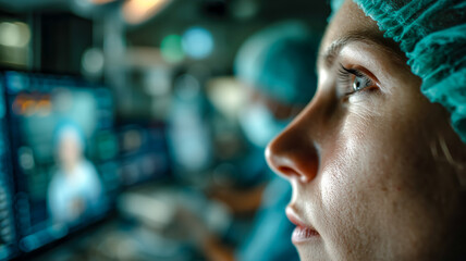 A focused surgeon's gaze, intent on the task at hand, her eyes reflecting the critical nature of the operation. Precision and dedication.