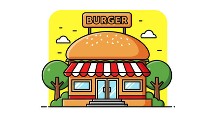 Colorful burger shop illustration with bright design and modern exterior. Perfect for food business, restaurant branding, fast food, and digital marketing visuals.