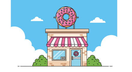 Colorful donut shop illustration with pink frosted donut sign, striped awning, and blue sky background. Perfect for bakery, dessert, or cafe branding design.