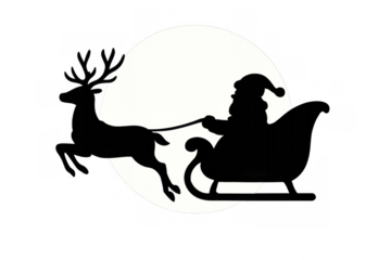 Santa claus and reindeer sleigh silhouette flying across the full moon, delivering christmas holiday gifts