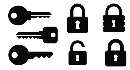 Security and Lock Access Icon Set. Key, Padlock, Privacy, and Authorization Symbol Vector Black and White Illustrations.