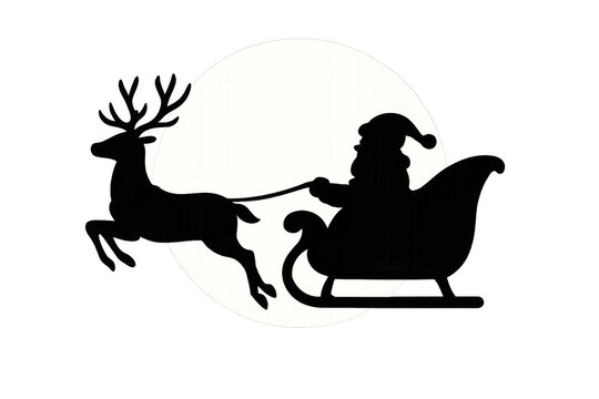 Santa claus and reindeer sleigh silhouette flying across the full moon, delivering christmas holiday gifts