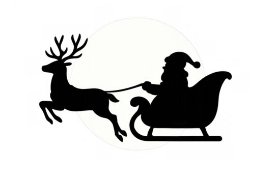 Santa claus and reindeer sleigh silhouette flying across the full moon, delivering christmas holiday gifts