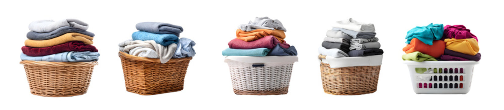 Five laundry baskets filled with colorful folded clothes.