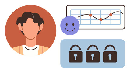 Portrait alongside a growth chart, smiling emotion, and three locks symbolizes personal data, analytics, security, privacy, digital identity, user experience, and trust in a flat metaphor