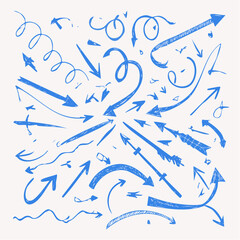 Blue pen arrow collection on checkered paper sheet. Hand drawn crayon various arrows, curved, wavy and straight lines. Direction pointers for notes, doodle and school design. Playful emphasis elements