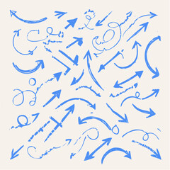 Blue pen arrow collection on checkered paper sheet. Hand drawn crayon various arrows, curved, wavy and straight lines. Direction pointers for notes, doodle and school design. Playful emphasis elements