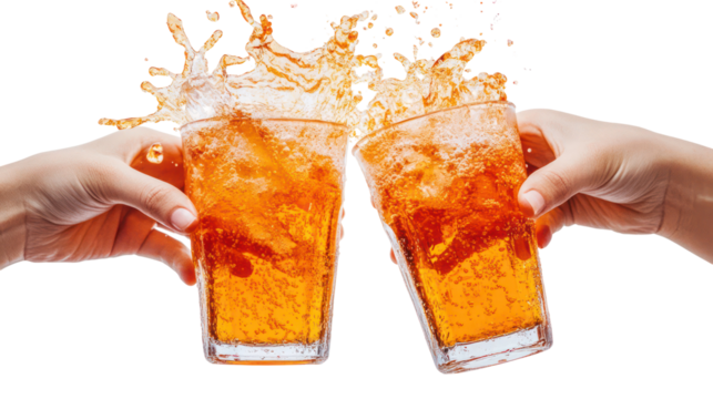 Two hands toasting with splashing iced tea drinks isolated on transparent background
