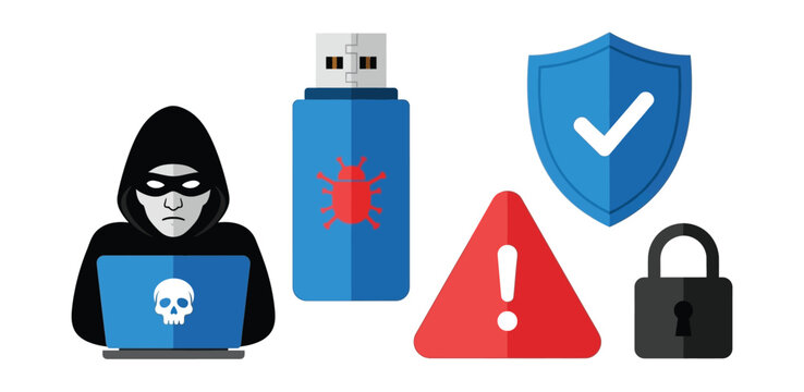 Cyber Security Risk and Protection Set. Hacker, Malware, Data Theft Warning, Shield Defense, and Padlock Security Vector Flat Illustrations.
