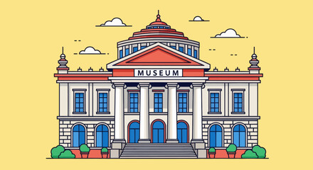 Flat vector illustration of a museum building with classical architecture, columns, and dome on yellow background. Perfect for education, culture, tourism, and history design projects.