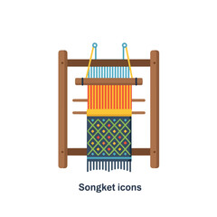 Traditional indonesian songket weaving loom showcasing vibrant fabric, ideal for designs featuring cultural heritage, textiles, craftsmanship, indonesia tourism themes.