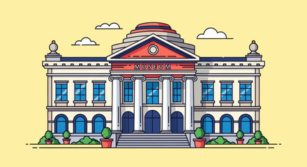 Flat vector illustration of a museum building with classical architecture, columns, and dome on yellow background. Perfect for education, culture, tourism, and history design projects.