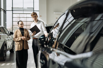 Sales representative engaging with a customer in a modern car dealership, showcasing vehicles and providing information about car features and financing options