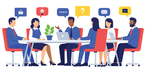 Business Meeting and Brainstorming Collaboration. Diverse Team Discussing Ideas, Strategy, Communication, and Problem Solving Vector Flat Illustration