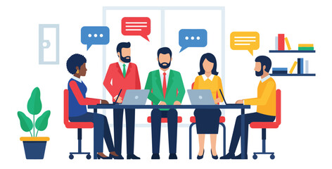 Formal Business Team Meeting and Communication. Diverse Professionals Discussing Strategy, Negotiation, and Collaborative Project Work Vector Flat Illustration.