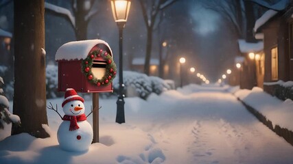 Winter Wonderland Snowy Street with a Mailbox and Snowman - Powered by Adobe