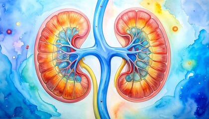 This is a watercolor painting of two human kidneys with the renal artery and vein branching out in vivid