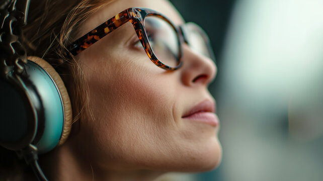 Captivating close-up of a woman with tortoise shell glasses, lost in thought, wearing headphones, gazing upwards with serene expression.