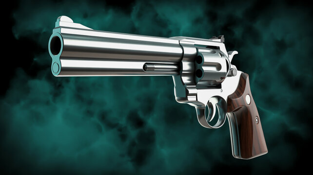Photorealistic render of a gleaming silver revolver with dark wood grip against a smoky teal background