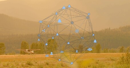 Overlaying network sphere connecting social icons above airstrip at forest, with propeller airplane