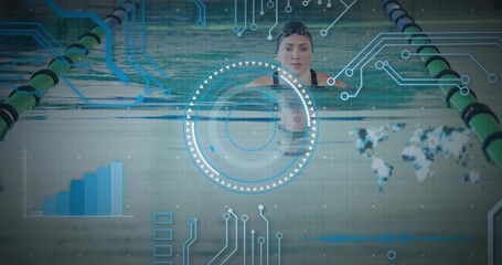 Monitoring swimmer wearing swim cap and goggles in competitive pool, with biometric HUD and ropes