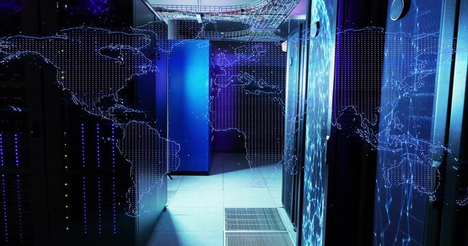 Showing server racks glowing with blue LED lights in data center aisle, with world map overlay