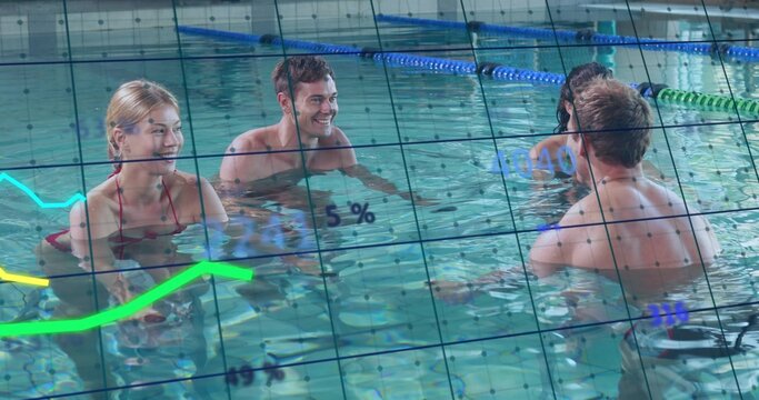 Chatting friends exchanging smiles in fitness pool, with lane dividers and digital graph overlay - Powered by Adobe