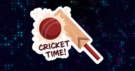 Showing sticker featuring wooden cricket bat hitting red ball on matrix backdrop with Cricket Time!