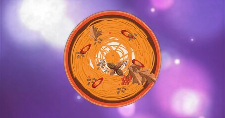 Presenting bowl with noodles on purple bokeh background, with chili slices, peppercorns, star anise