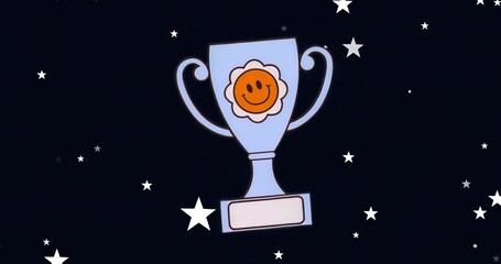 Showing trophy with handles and smiling flower badge, blank nameplate in navy starfield with stars