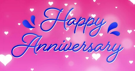Displaying stylized Happy Anniversary text on card backdrop, with heart icons and blue swooshes