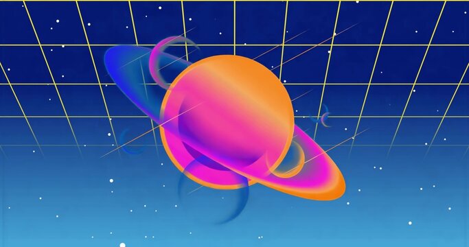 Naklejki Showing ringed planet orbiting moons over yellow wireframe grid, with neon streaks and stars