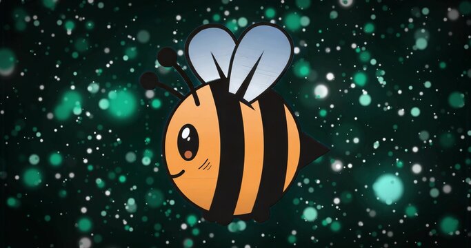 Floating stylized bee showing orange black stripes with clear wings, big eyes against teal bokeh