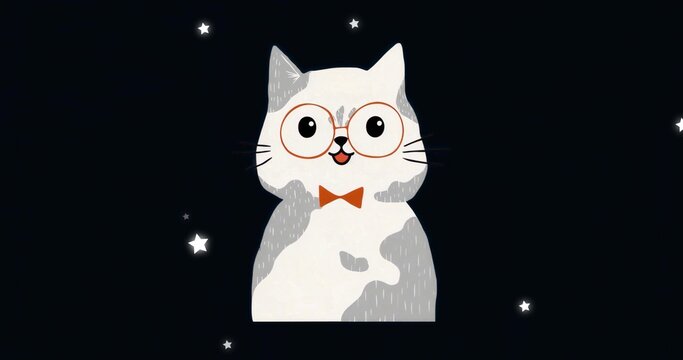 Fototapeta Displaying white-gray cat wearing orange glasses and bow tie in night sky, with glowing stars