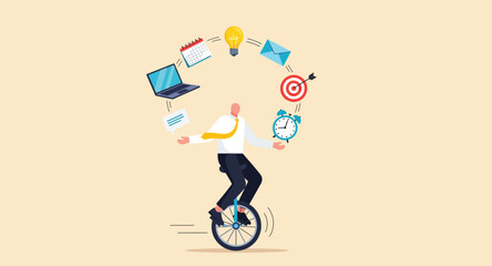 Multitasking and Work-Life Balance Concept. Businessman Juggling Tasks, Time, Goals, and Emails while Riding Unicycle Vector Flat Illustration.