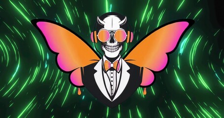 Skeleton standing in neon-lit scene wearing tuxedo and bow tie, shades, headphones, butterfly wings