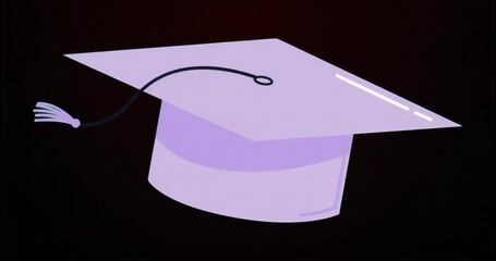 Hovering light purple graduation mortarboard hat above dark studio backdrop, with black tassel