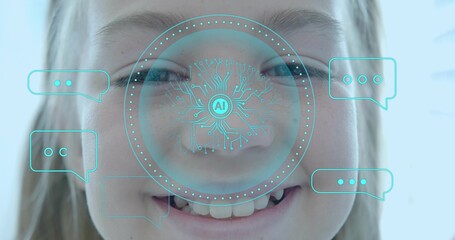 Smiling girl scanning circular AI interface on face in bright studio, with cyan chat bubble icons