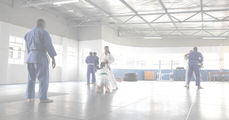 Fototapeta premium Grappling teen female student white gi green belt kneeling on mats in dojo, with rubber tires
