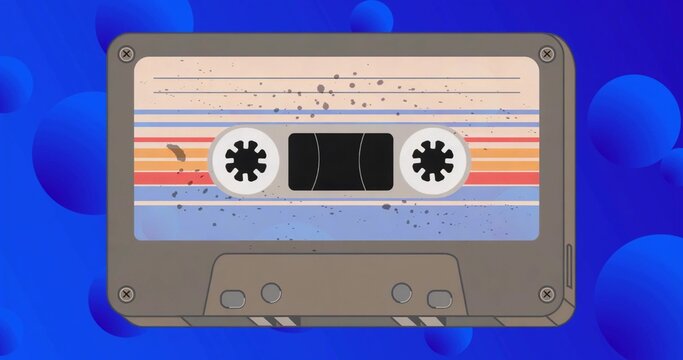 Fototapeta Displaying vintage cassette tape with striped label on bright blue backdrop, with floating bubbles