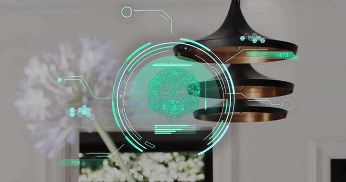 Projecting green holographic interface glowing near window, with pendant lamp and purple agapanthus