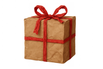 Hand-drawn gift box wrapped in crumpled brown paper and tied with a red ribbon bow, celebrating special occasions