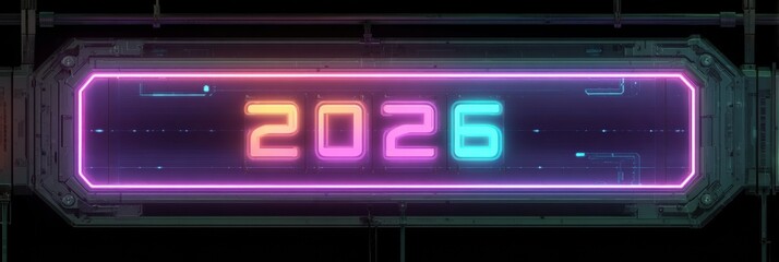 Futuristic Neon Display Showing the Year 2026 With Vibrant Colors and a Tech-Inspired Design