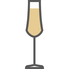 Tall champagne flute filled with golden bubbly beverage on a thin stem against a white background with a dark gray outline.