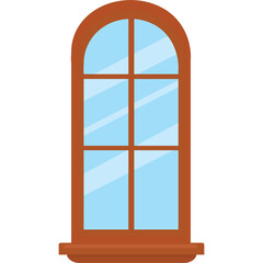 Tall arched wooden window with six panes of light blue glass and a brown frame and sill on a transparent background