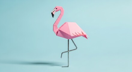 Pink Origami Flamingo Standing on One Leg