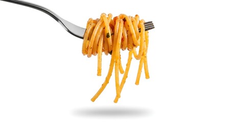 A close up shot of spaghetti on a fork with a white background and soft shadow underneath the pasta dish