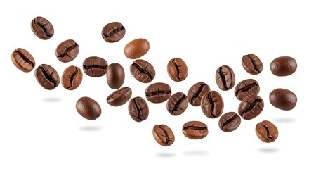 Naklejka premium A scattered arrangement of roasted coffee beans isolated against a plain white studio background shot overhead