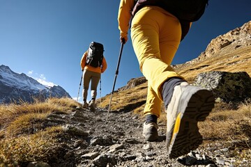People hiking with backpacks and trekking poles on a challenging mountain trail with dry grass and snowy peaks under a clear sky