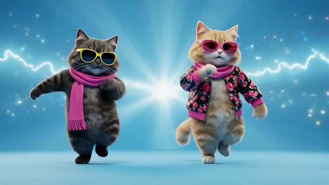 Two cool cats dancing dynamically wearing sunglasses and scarves in playful video